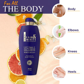 FAIR & WHITE applying lotion to leg for visible hydration benefit