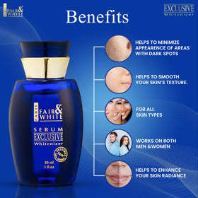 FAIR & WHITE bottle beside ruler showing 30ml size and travel-friendly benefit