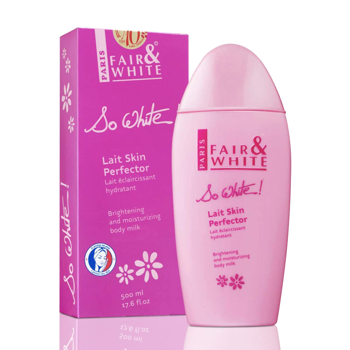 FAIR & WHITE front bottle shot showing label and bright pink packaging, highlights clarity benefit
