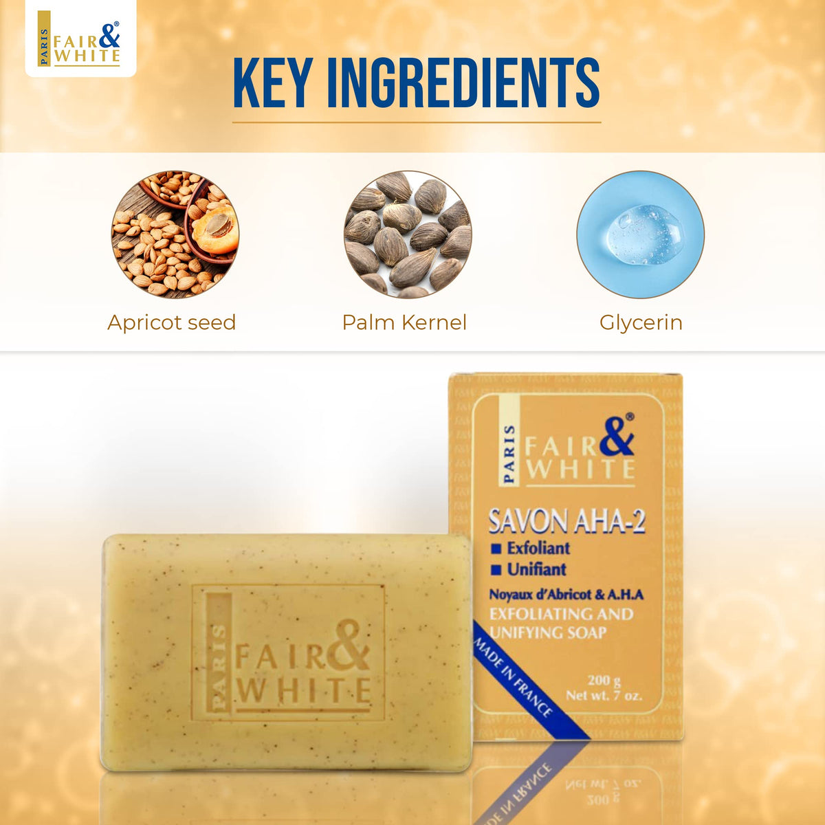 FAIR & WHITE 200g exfoliating bar side profile highlighting its shape and thickness