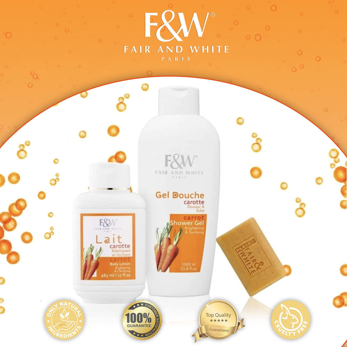 FAIR & WHITE body wash in use under shower illustrating gentle cleansing