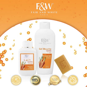FAIR & WHITE body wash in use under shower illustrating gentle cleansing