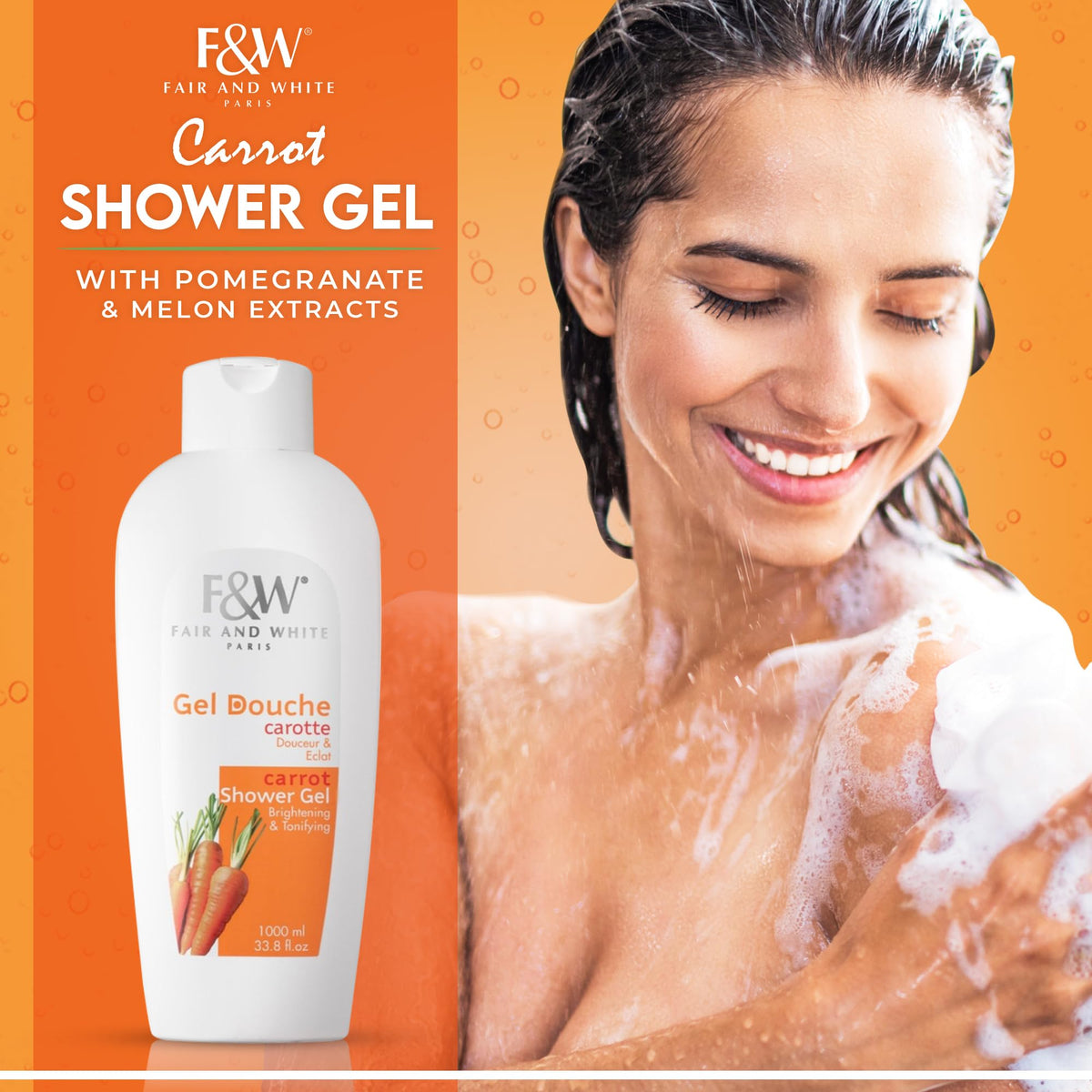 FAIR & WHITE close-up foam texture highlighting nourishing carrot oil feel