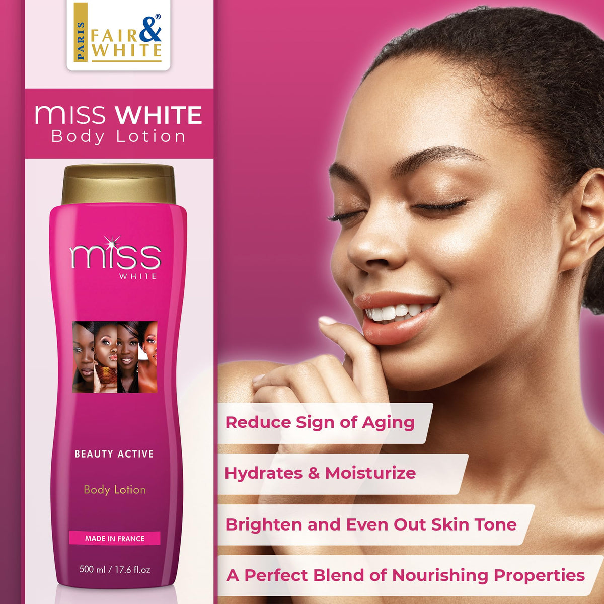 FAIR & WHITE Miss White being dispensed onto hand showing easy application and coverage