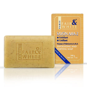 FAIR & WHITE front packaging of AHA exfoliating soap showing product name and 200g
