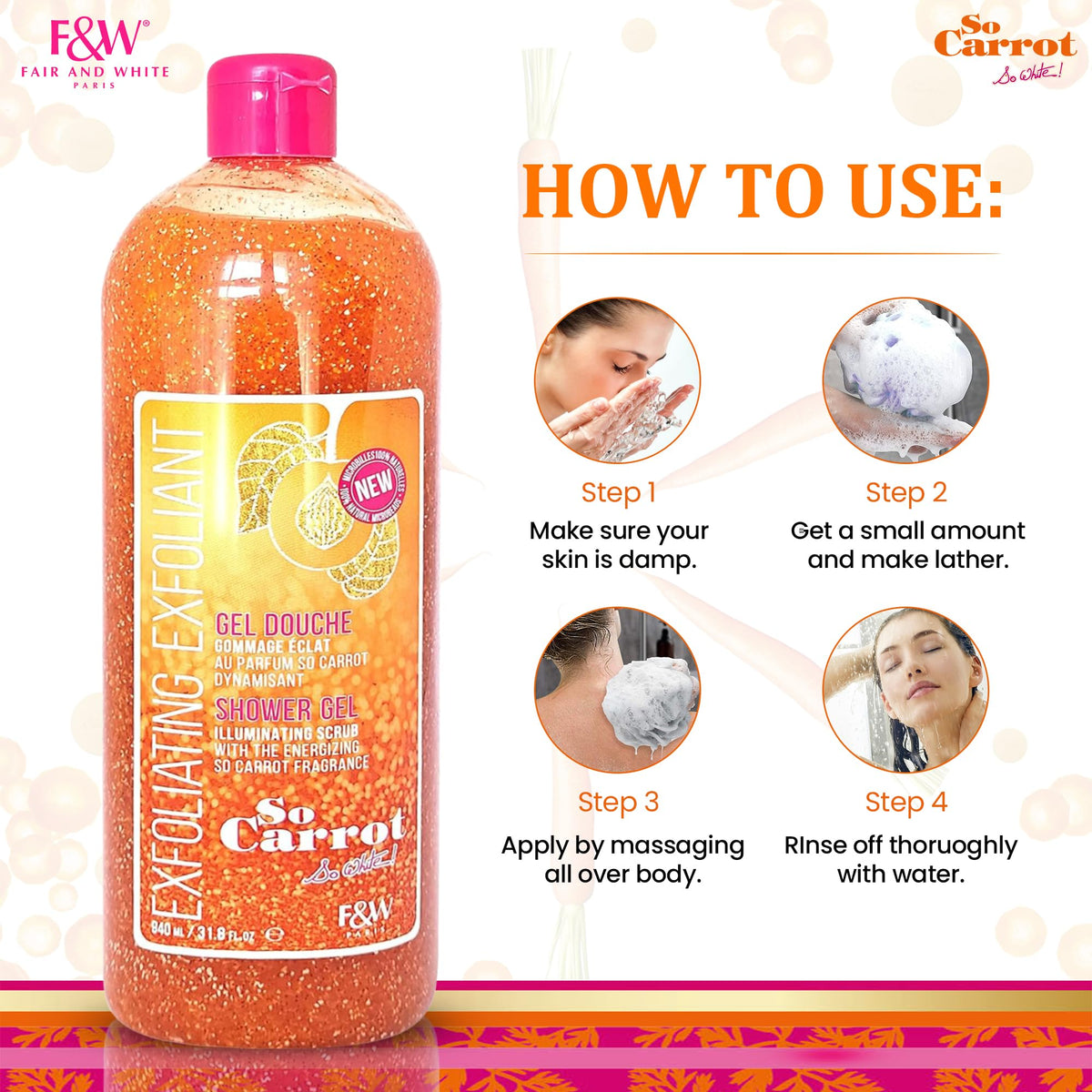 FAIR & WHITE body scrub in shower demonstrating gentle exfoliating use