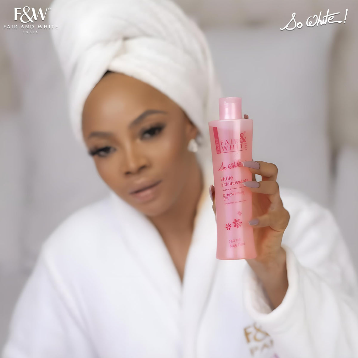 FAIR & WHITE bottle staged in shower setting showing daily routine convenience