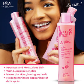 FAIR & WHITE bottle cap and label detail highlighting ingredients and quality finish