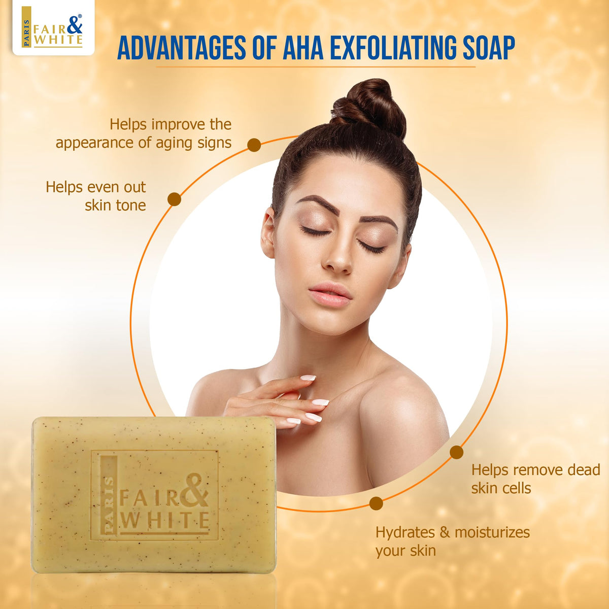 FAIR & WHITE ingredients label close-up showing lactic acid AHA and hydroquinone-free benefit