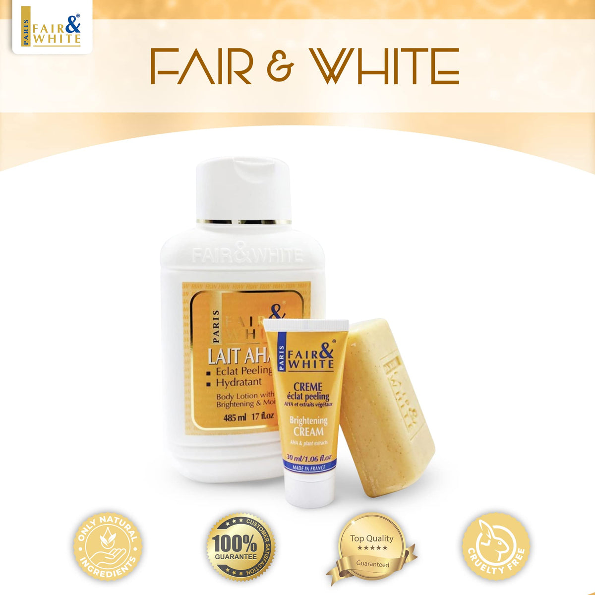 FAIR & WHITE soap next to a hand to show scale and portable 7oz convenience