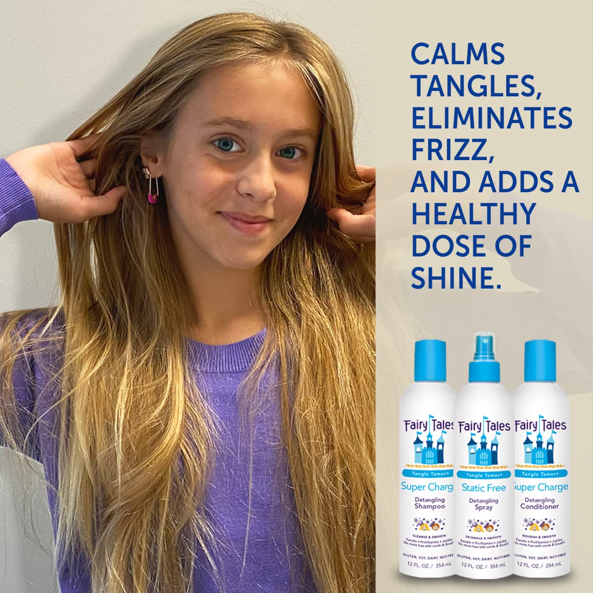 Fairy Tales bottle label closeup highlighting ingredients and child-safe benefits