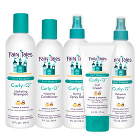 Fairy Tales front packaging showing five gentle curl care bottles for kids, promotes easy routine
