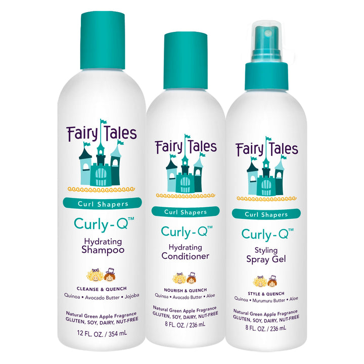 Fairy Tales front packaging showing three-piece curly hair kit with clear labeling and benefits