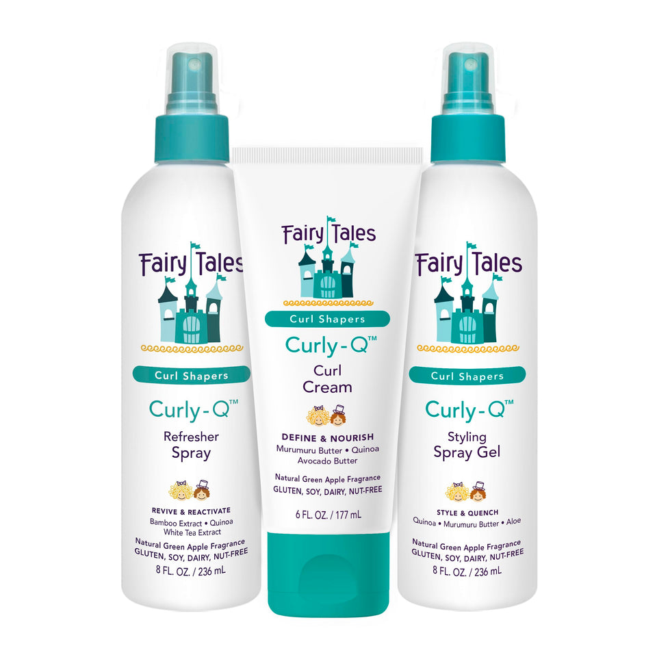 Fairy Tales front packaging showing trio and benefits for defined curls