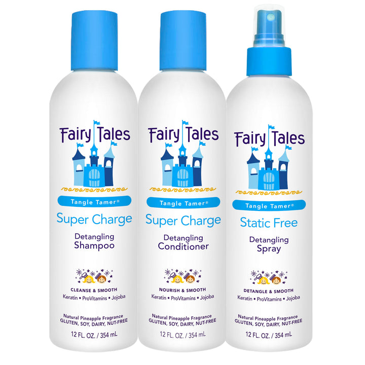 Fairy Tales front packaging showing shampoo, conditioner and spray benefits