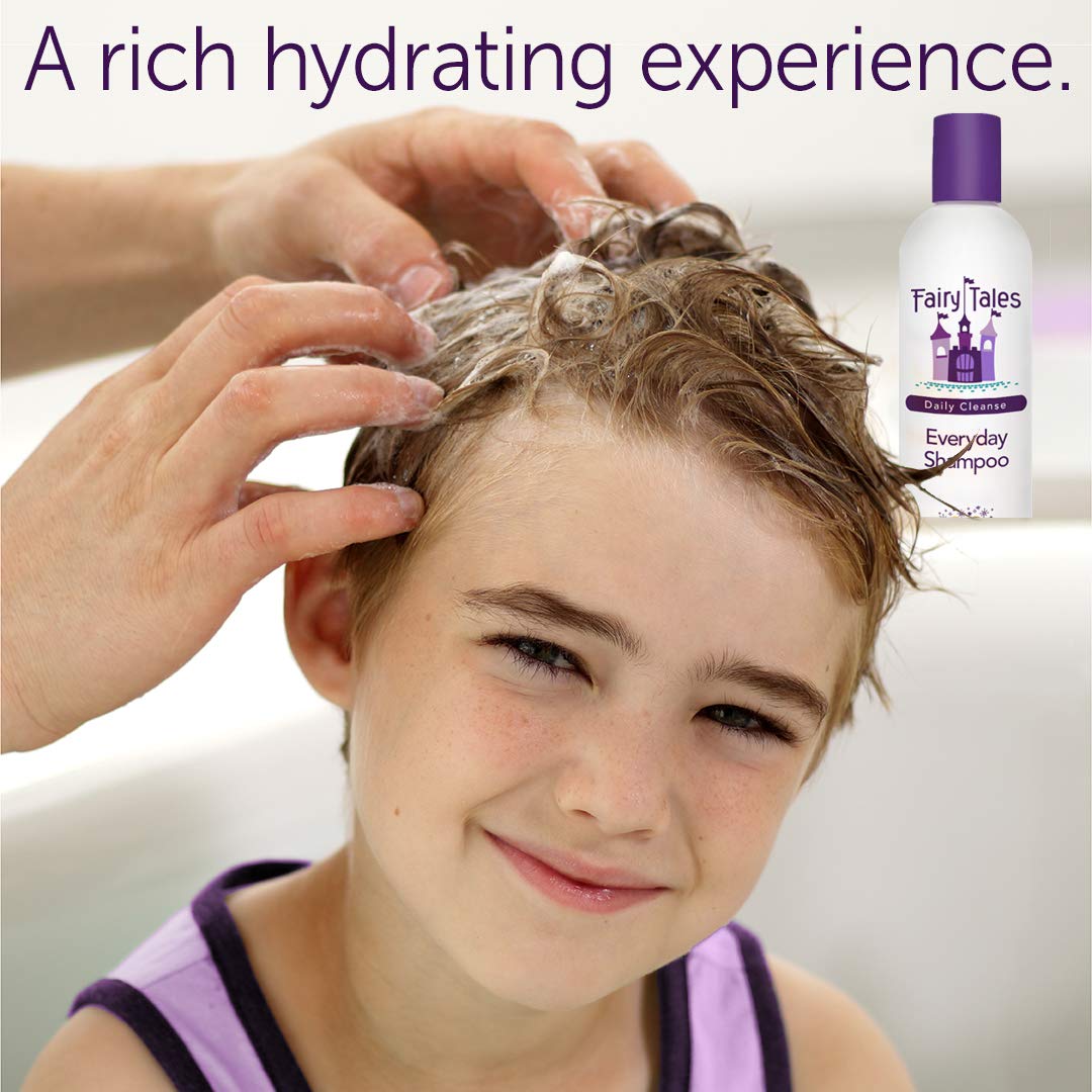 Child using Fairy Tales shampoo with fewer tangles and happier brushing