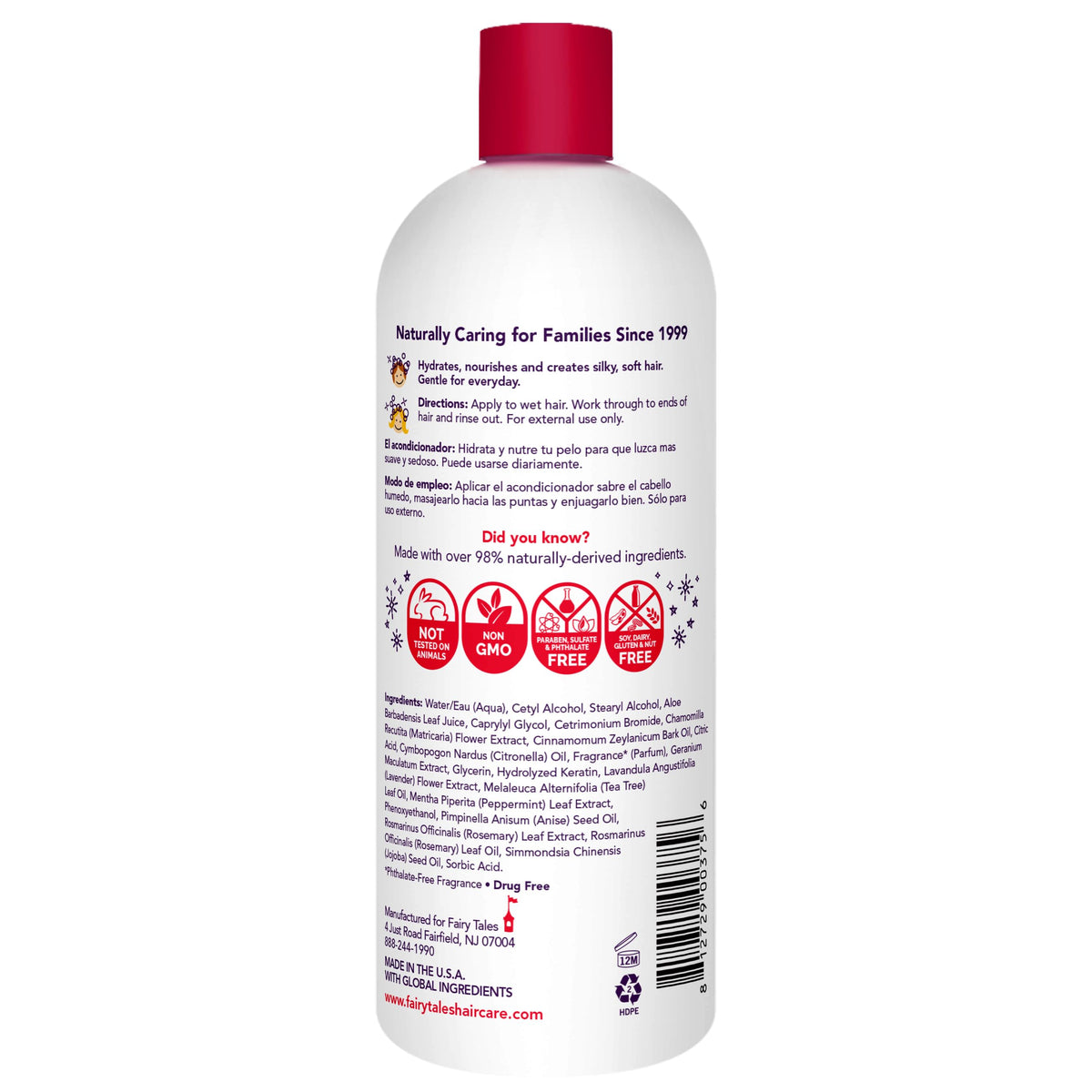 Fairy Tales pump dispenser and ingredient label highlighting gentle formulation benefits