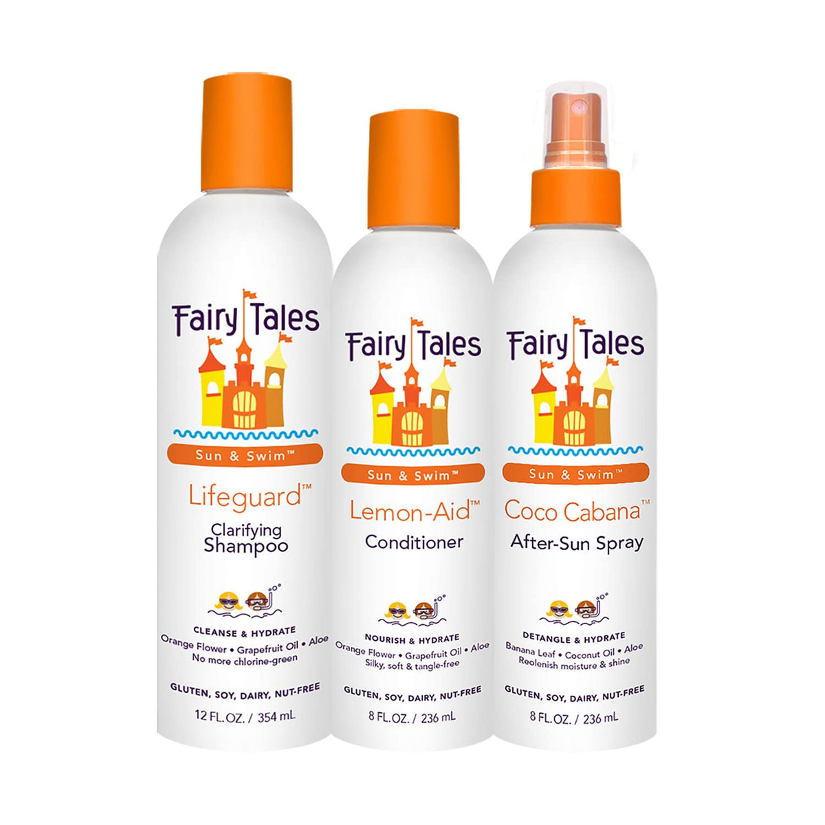 Fairy Tales front packaging showing the three-piece swim hair care set and easy use