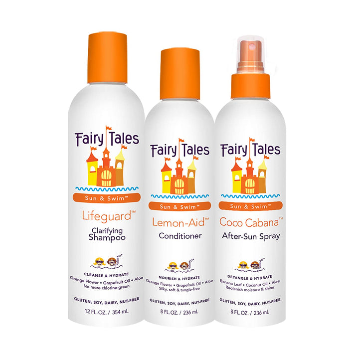 Fairy Tales front packaging showing the three-piece swim hair care set and easy use