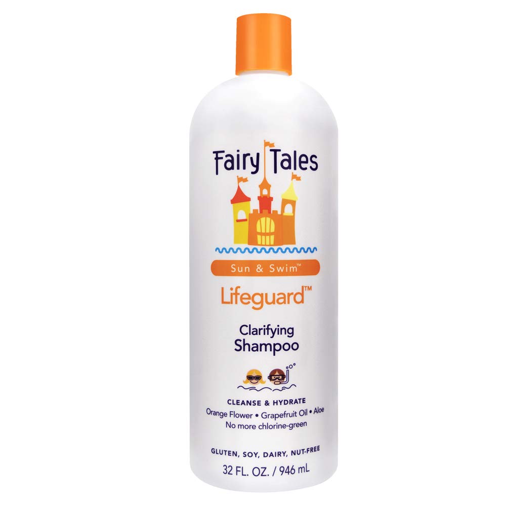 Fairy Tales front packaging showing 32 oz lifeguard clarifying shampoo benefit: chlorine removal
