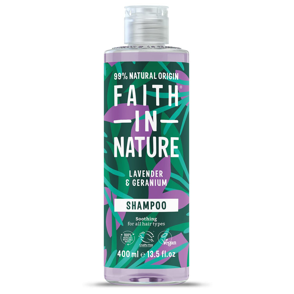Faith in Nature front bottle showing lavender geranium scent and clean formulation benefits