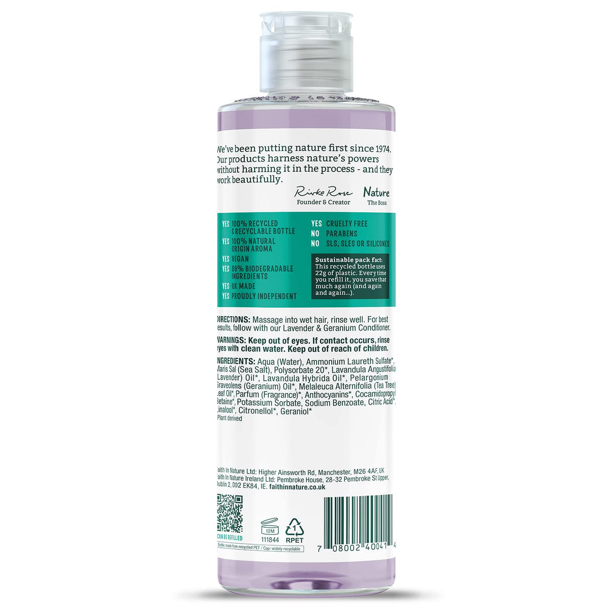 Faith in Nature label close-up highlighting vegan, cruelty-free and no SLS benefits