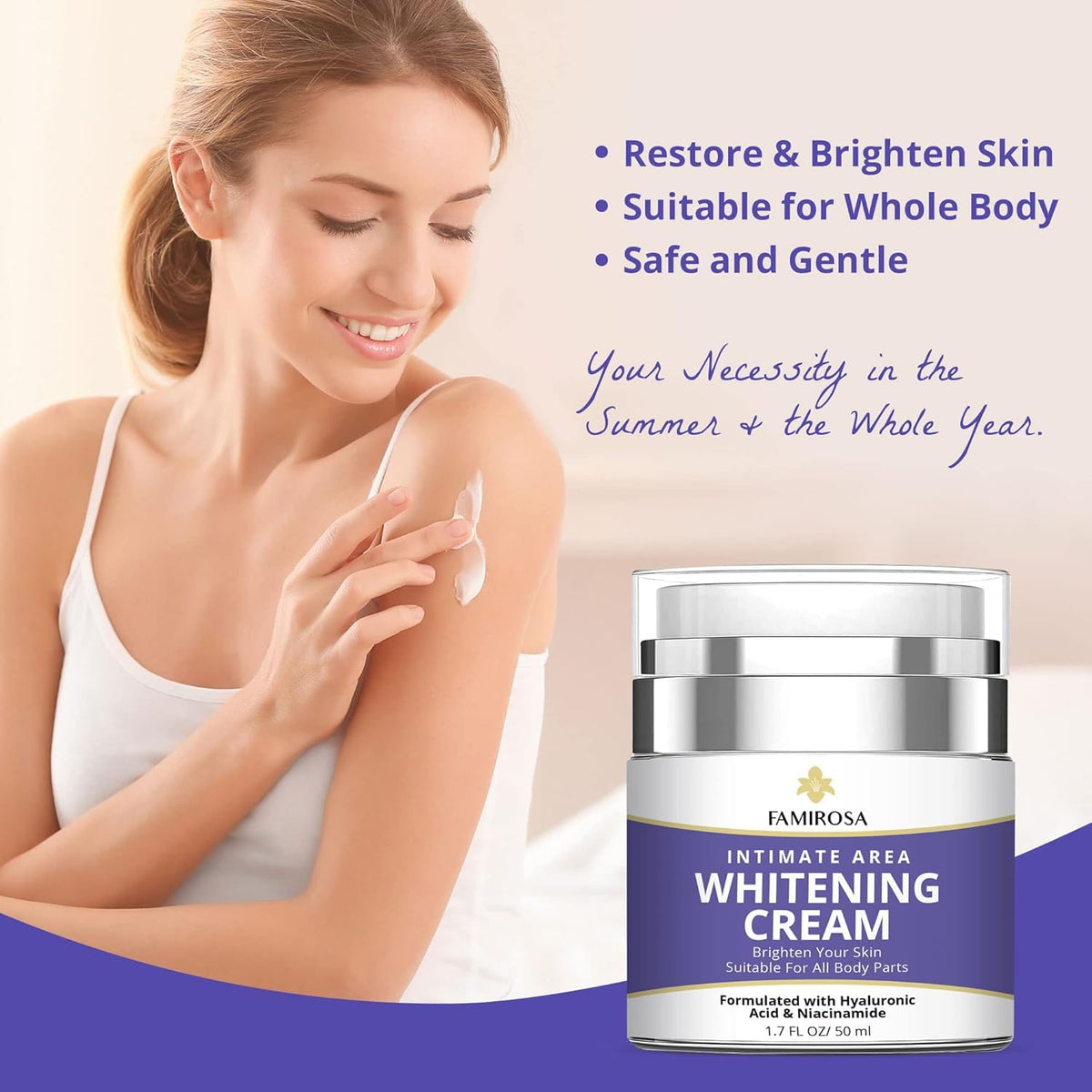 FAMIROSA cream placed on bathroom shelf in lifestyle scene suggesting seamless daily use