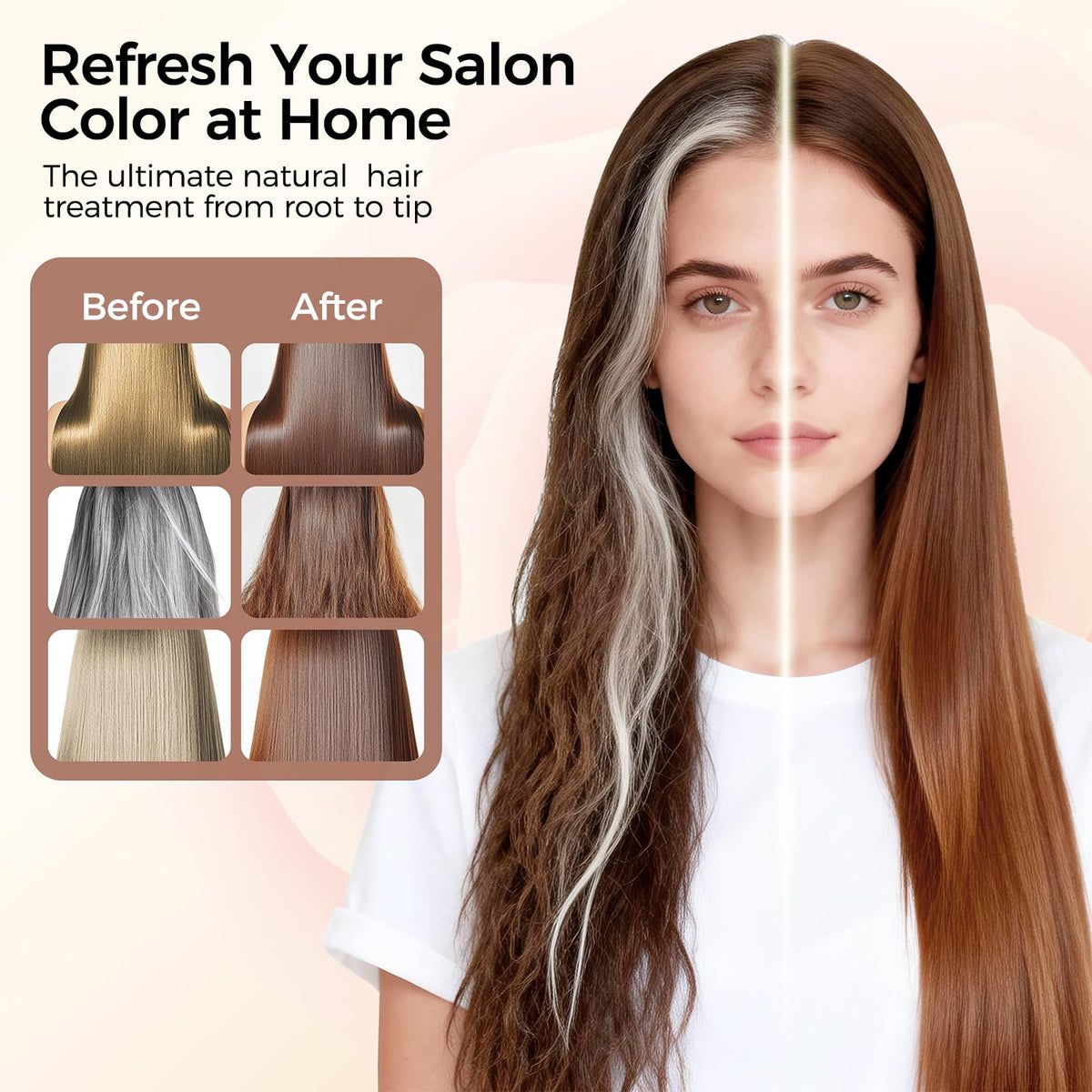 Famyu before and after hair showing gray coverage and natural chestnut benefit