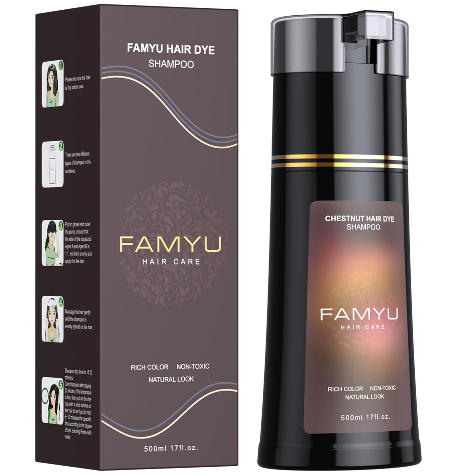 Famyu chestnut brown bottle front showing size and usage benefit