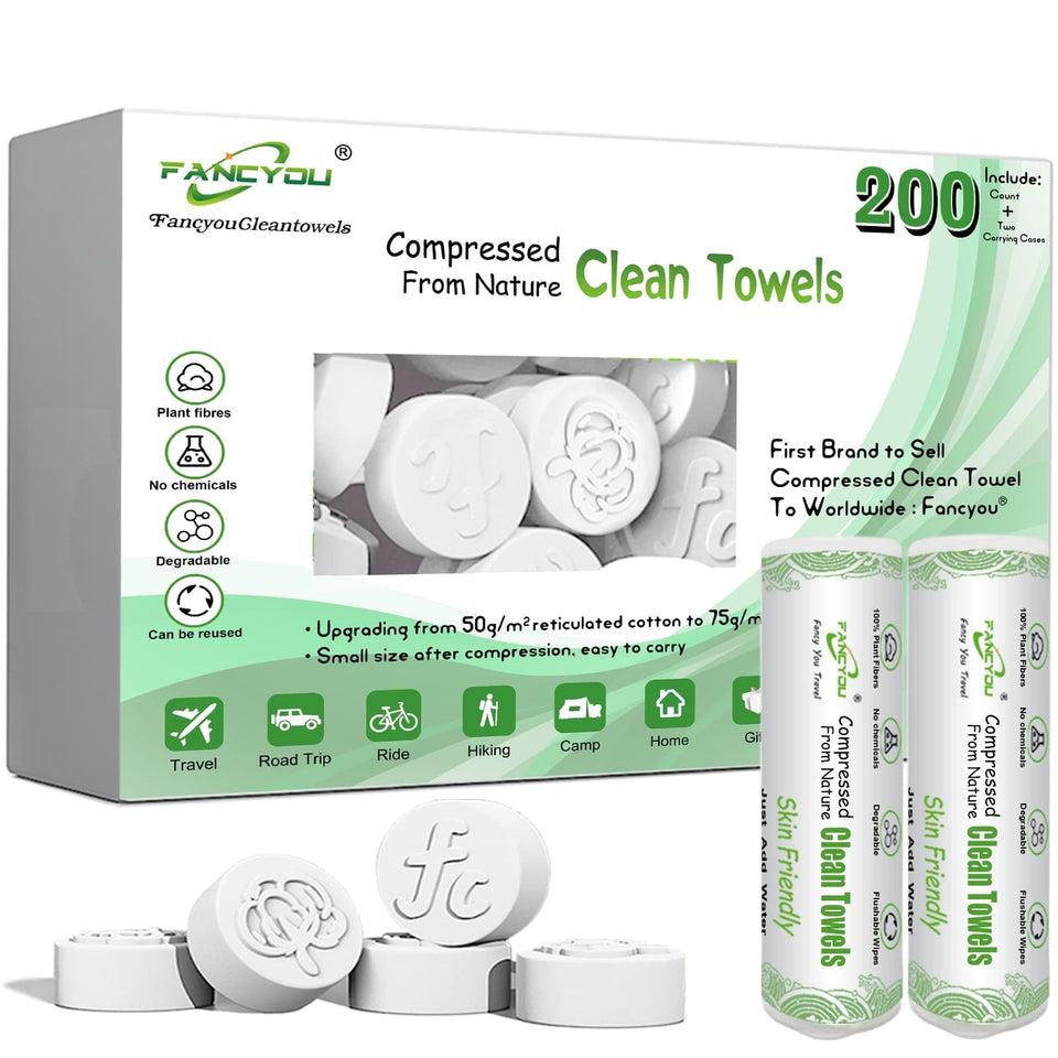 Fancyou front packaging showing 200-count compact towels and cases for travel convenience