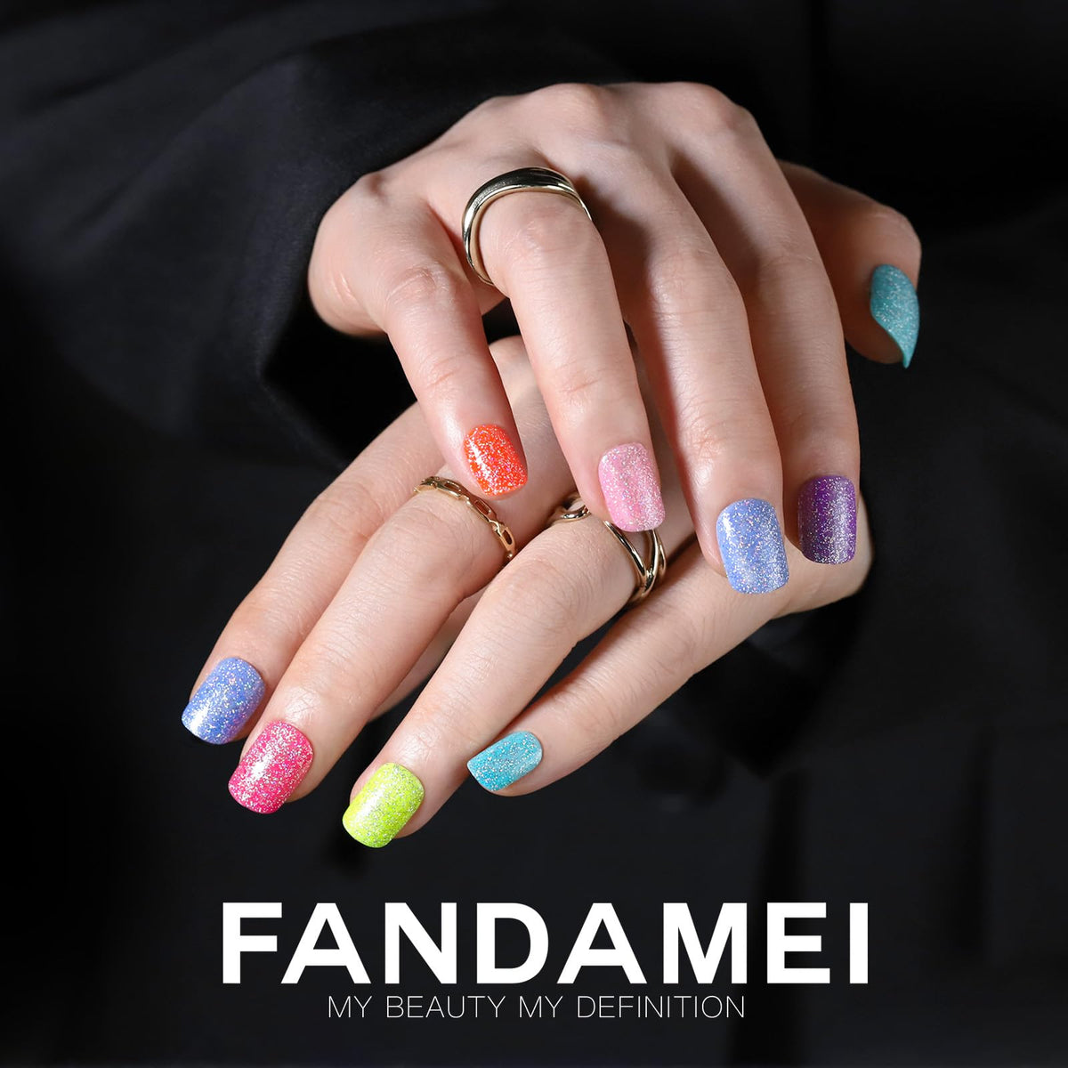Fandamei color array close-up highlighting fine glitter finishes for subtle shine
