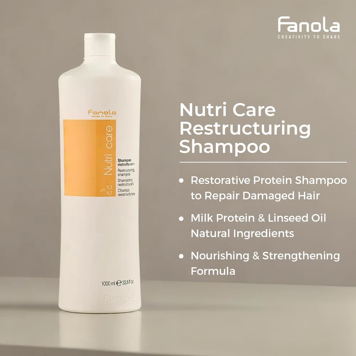 Fanola bottle beside a hand for scale, showing the 33.8 fl oz professional size