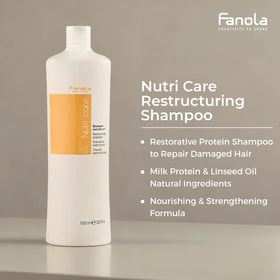 Fanola bottle beside a hand for scale, showing the 33.8 fl oz professional size