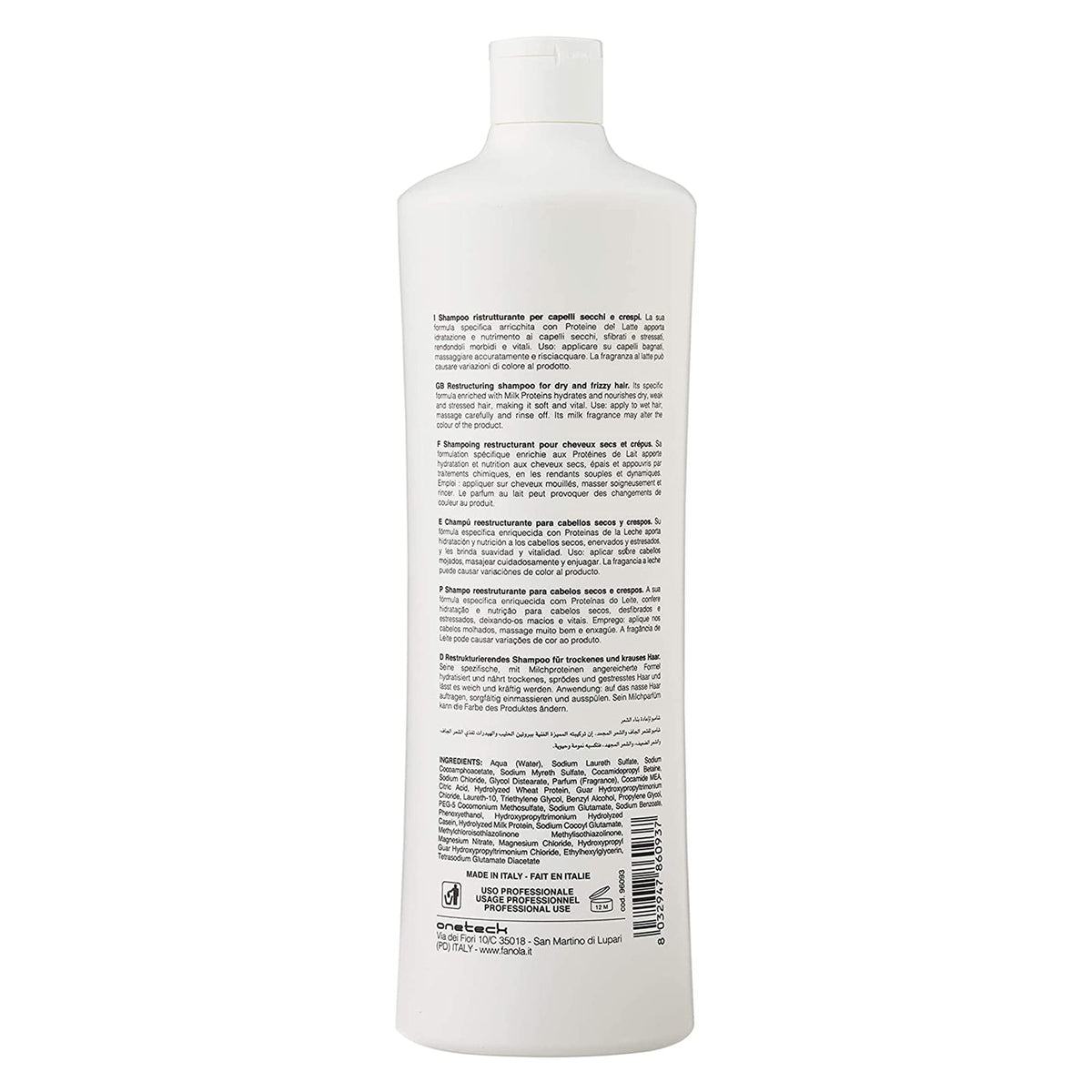 Fanola label close-up highlighting milk protein benefit for strengthened hair