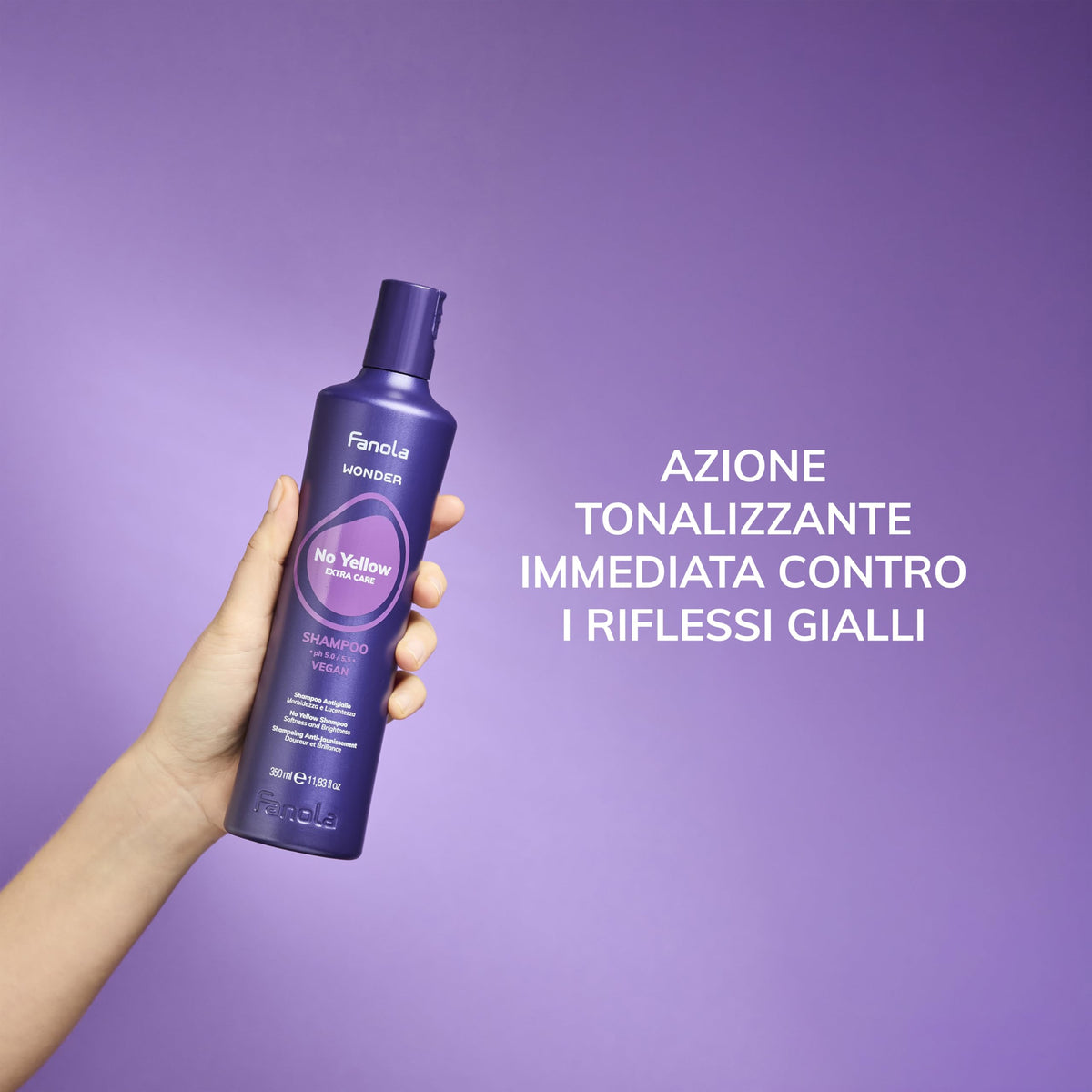 Fanola No Yellow close-up label displaying Italian professional brand details