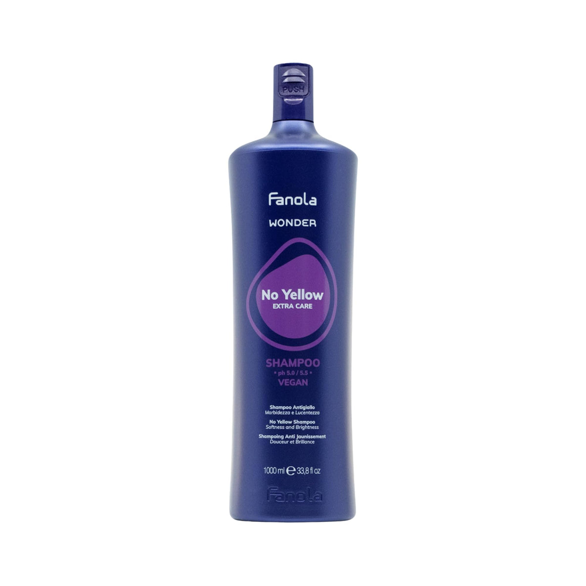 Fanola No Yellow front bottle showing label and purple tone benefits
