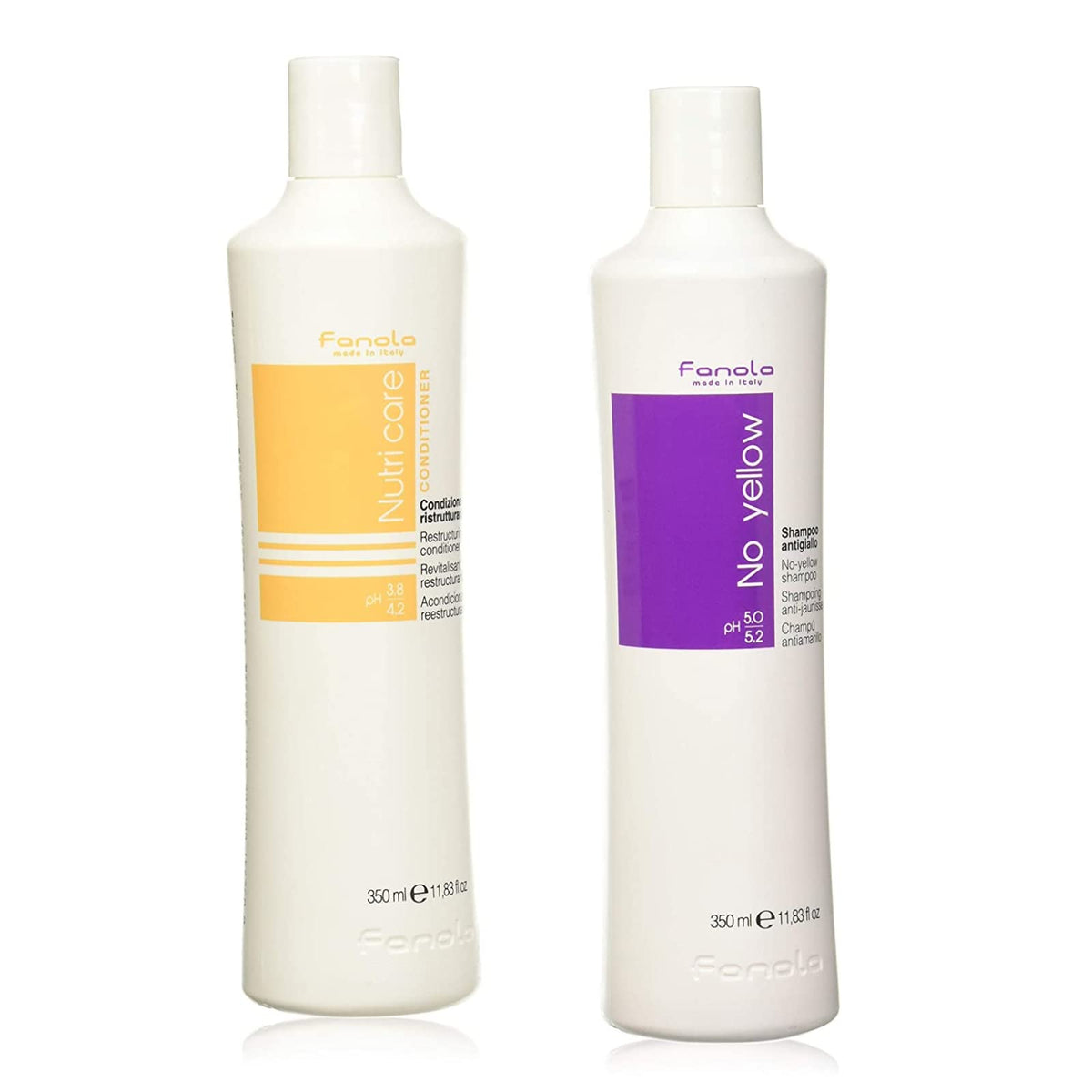 Fanola No Yellow front packaging showing purple shampoo and benefit of brass control
