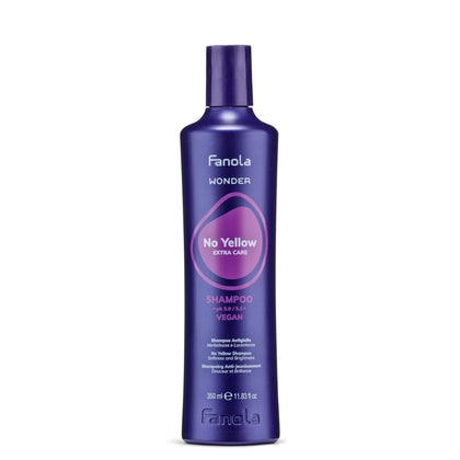 Fanola No Yellow front packaging showing bottle and violet shampoo benefits