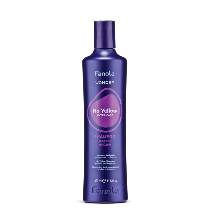 Fanola No Yellow front packaging showing bottle and violet shampoo benefits