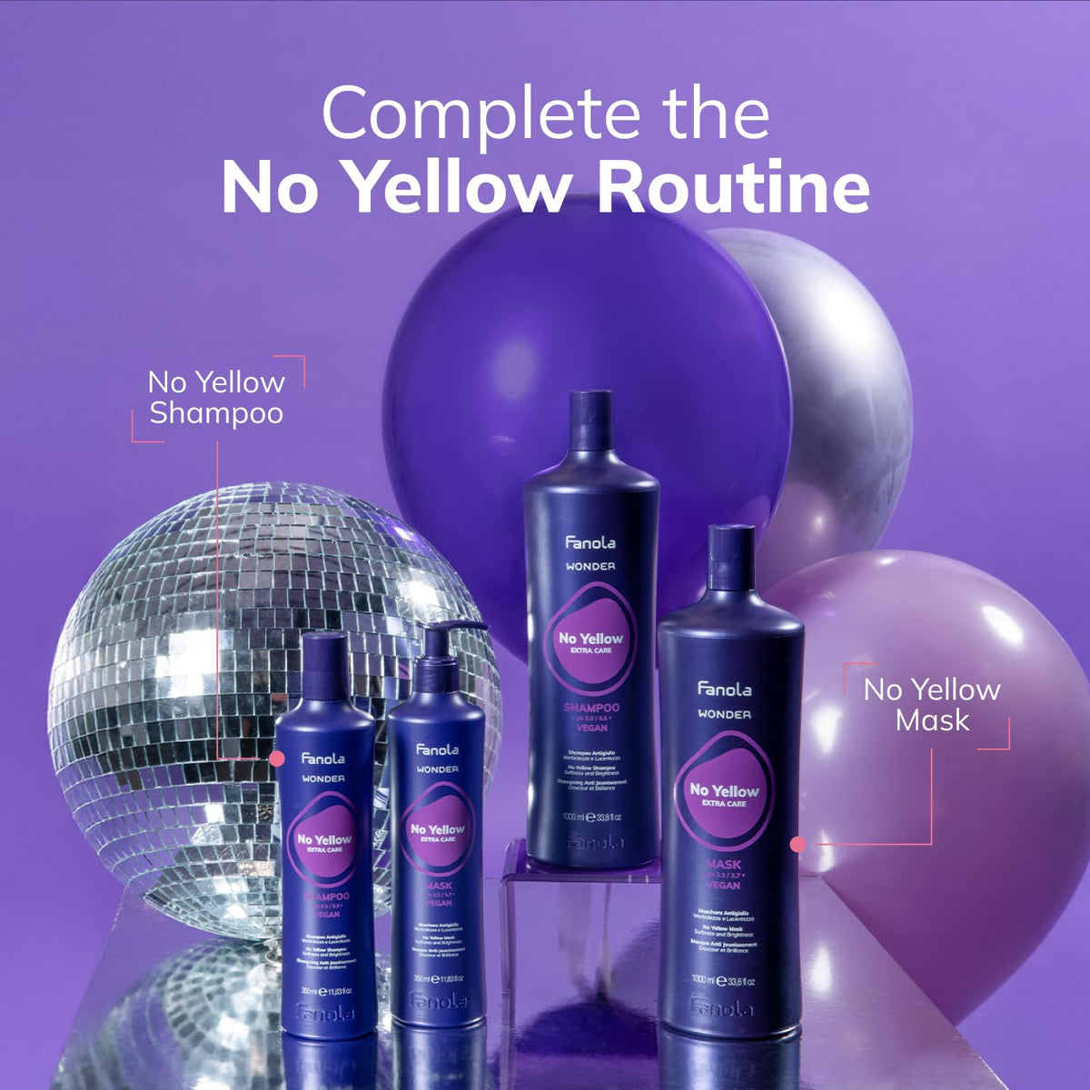 Fanola No Yellow on bathroom shelf in routine setting showing at-home salon benefit