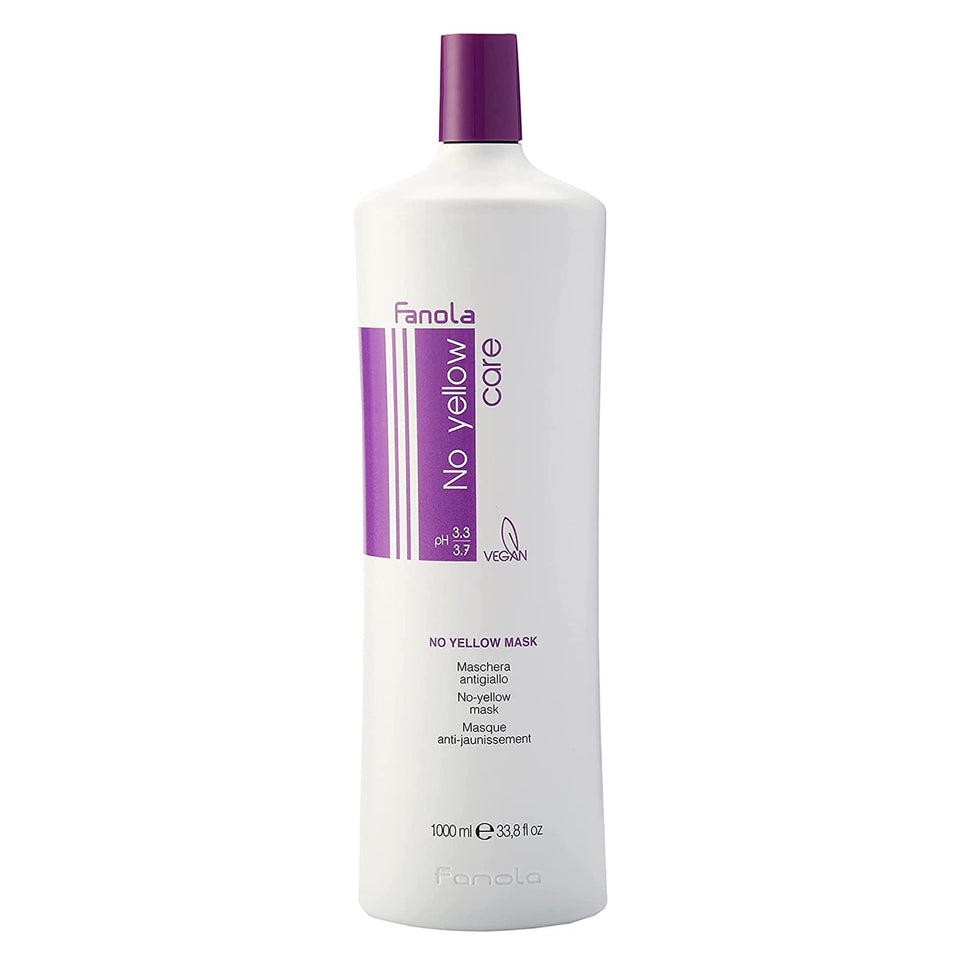 Fanola no yellow mask front packaging shows 1000ml professional size benefit long-lasting supply