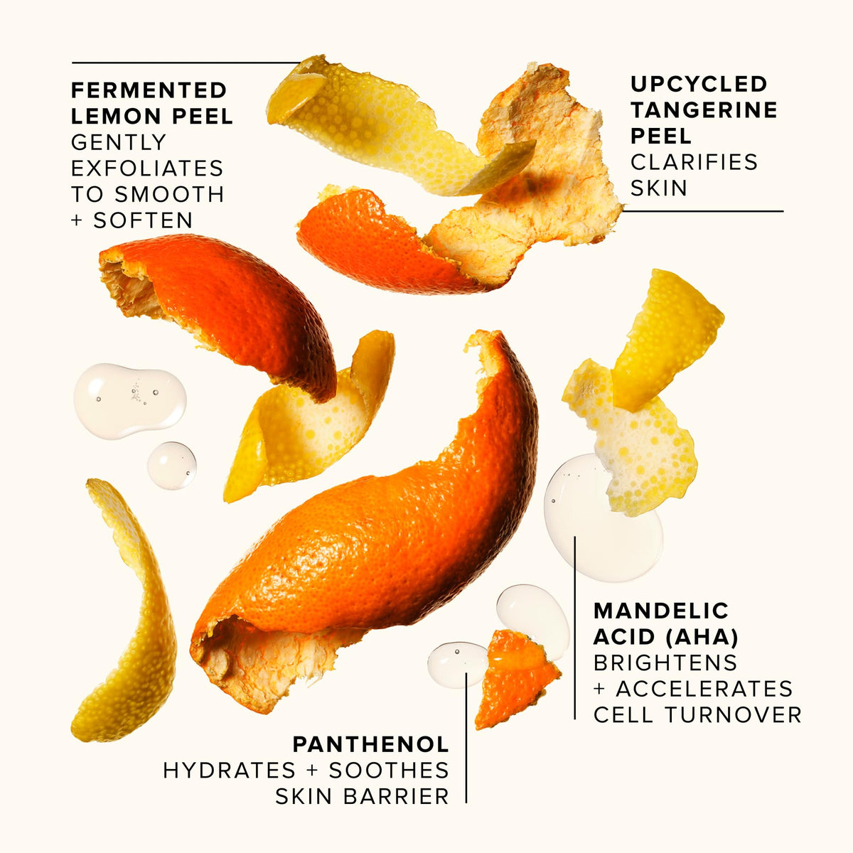 Farmacy botanicals flatlay showing fermented lemon and tangerine peel for natural clarity
