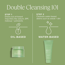 Farmacy Green Clean before and after makeup removal demonstrating waterproof removal benefit