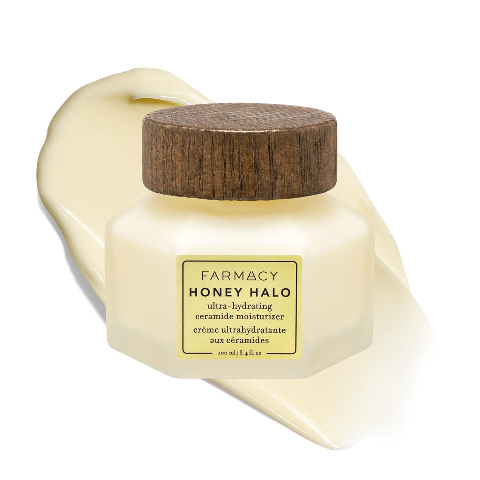 Farmacy Honey Halo front jar showing product and label benefit of hydration