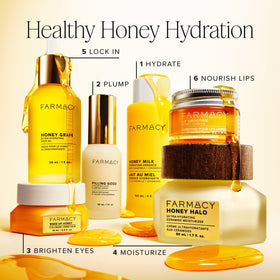Farmacy bottle styled on bathroom vanity showing daily routine and glow benefit