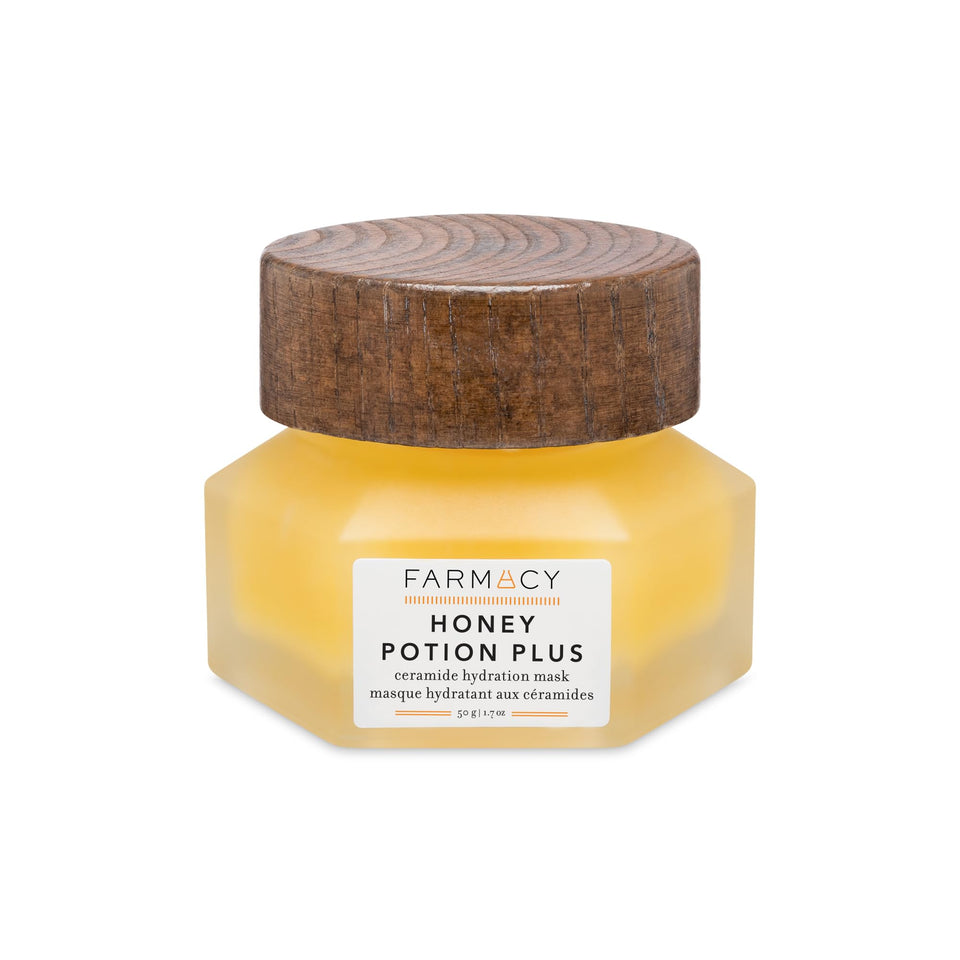 Farmacy jar front view showing label and 50g size, highlighting luxurious hydration