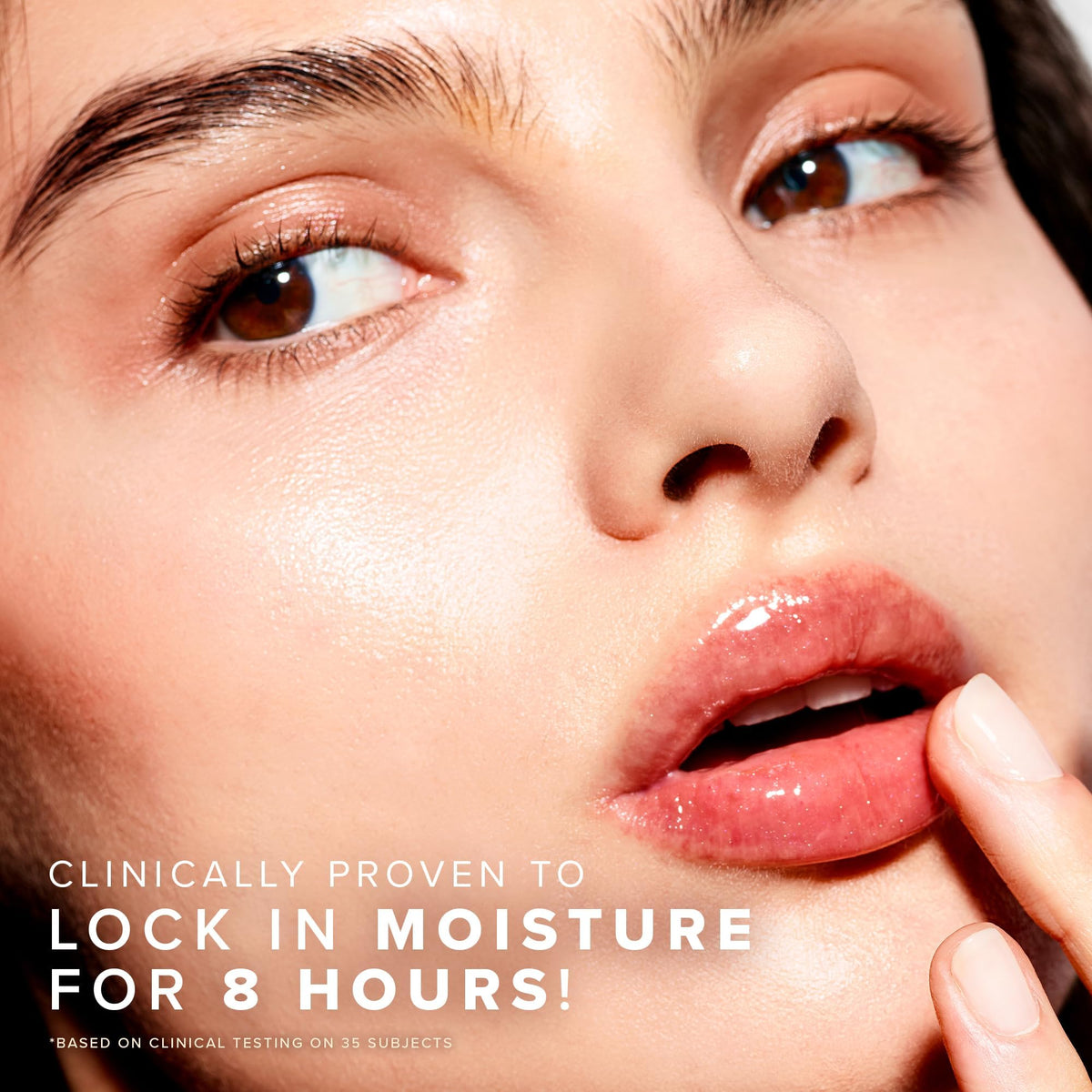 Farmacy lip balm applied on lips demonstrating plumping glossy benefit