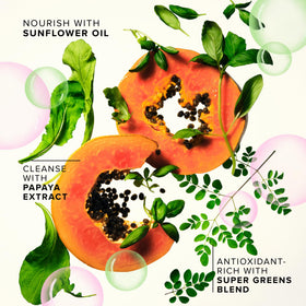 Farmacy balm melting on hand into silky oil, demonstrates quick makeup-dissolving benefit