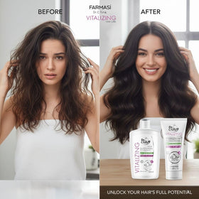 FARMASI shampoo and mask arranged in bathroom showing routine convenience benefit
