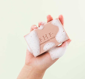 FarmHouse Fresh creamy white lather on palm, rich cushion for soft shaving and cleansing